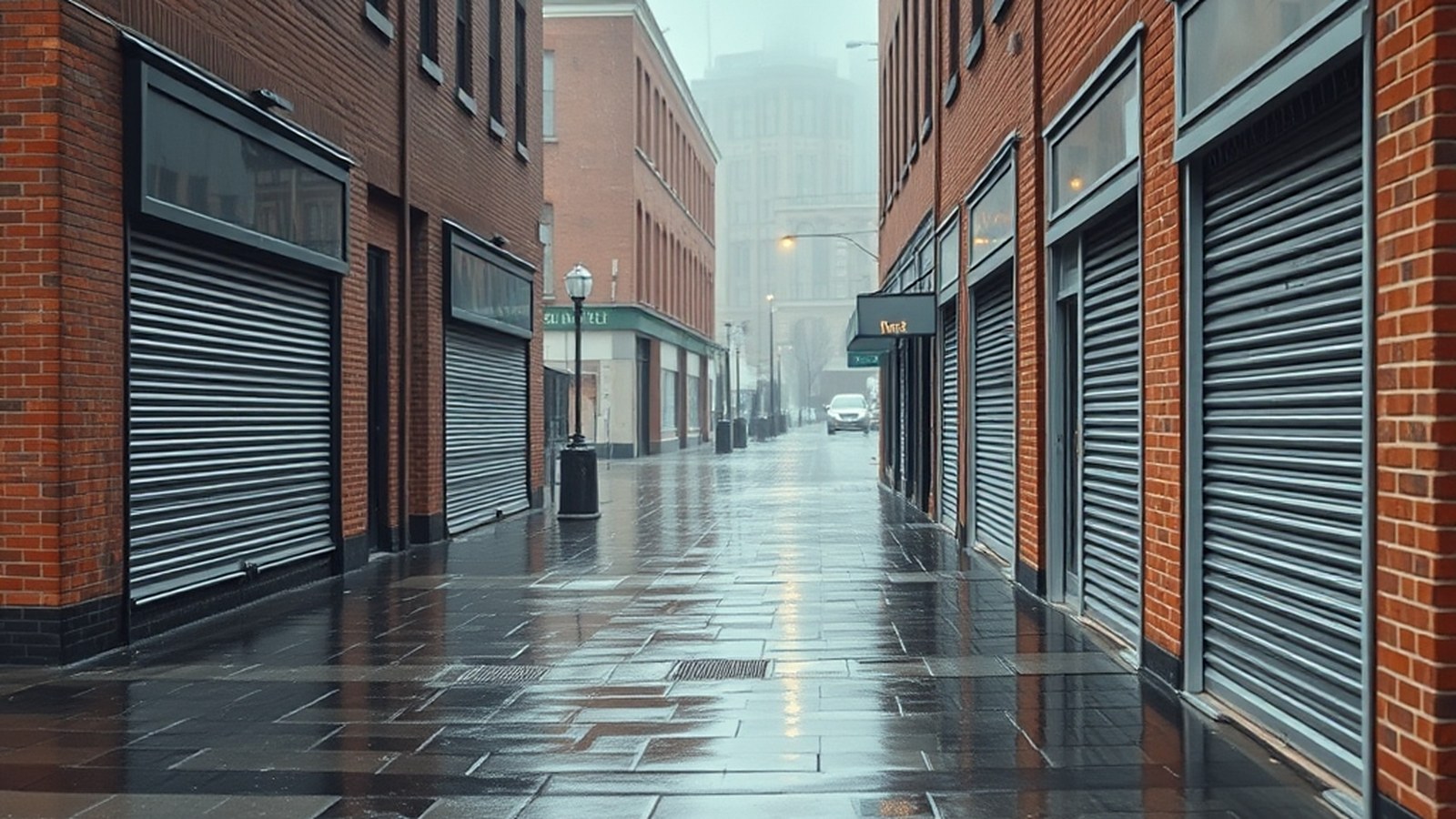 Illustration of a rainy brick street with closed shuttered storefronts