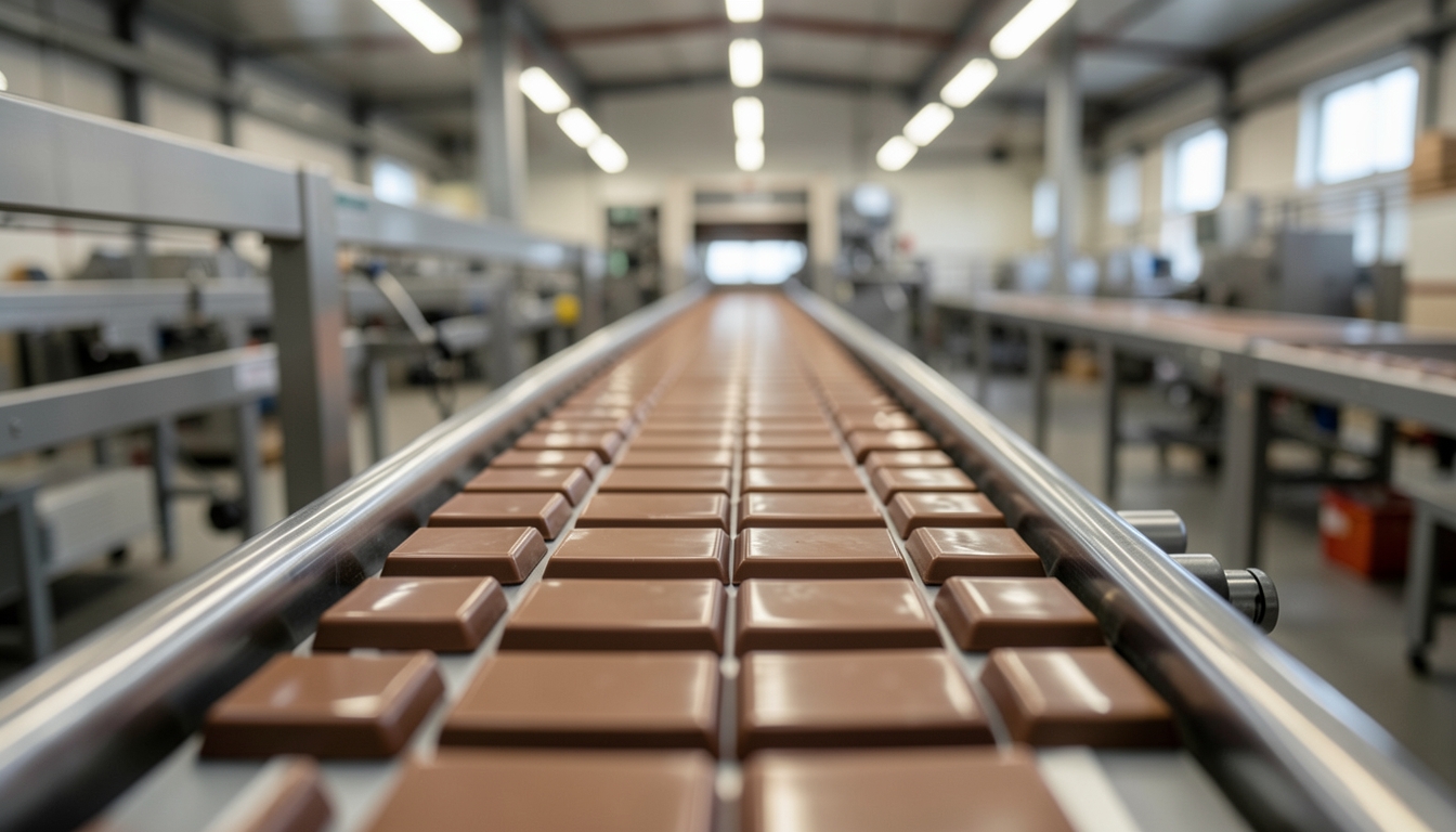 Illustration of plain chocolate bars on a conveyor in a confectionery factory