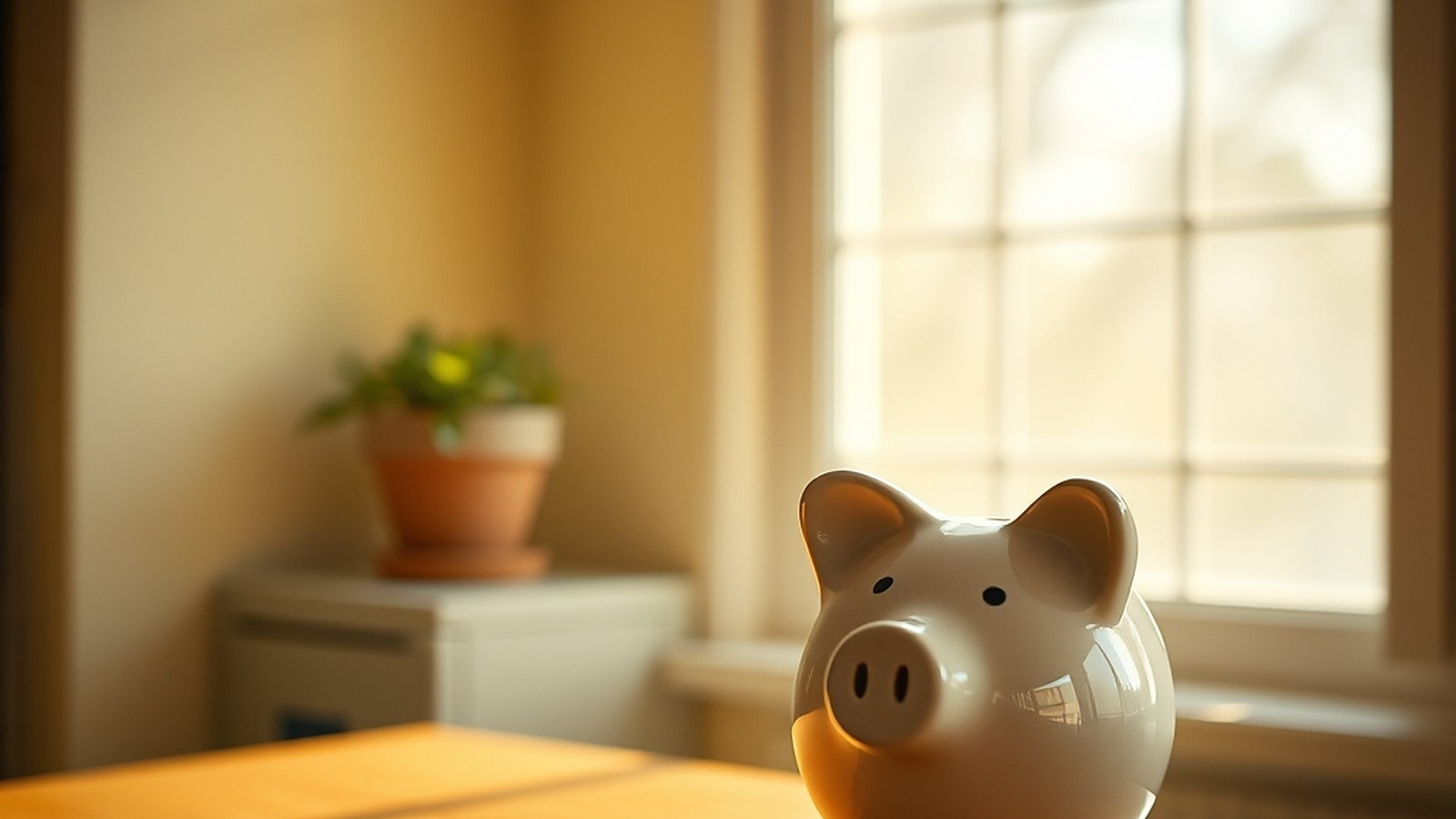 Illustration of a ceramic piggy bank on a wooden table by a sunny window