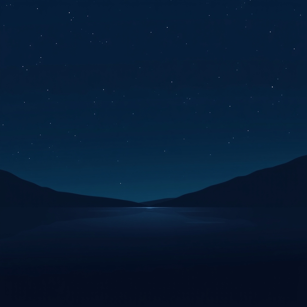 Illustration of a starry night sky over a mountain lake