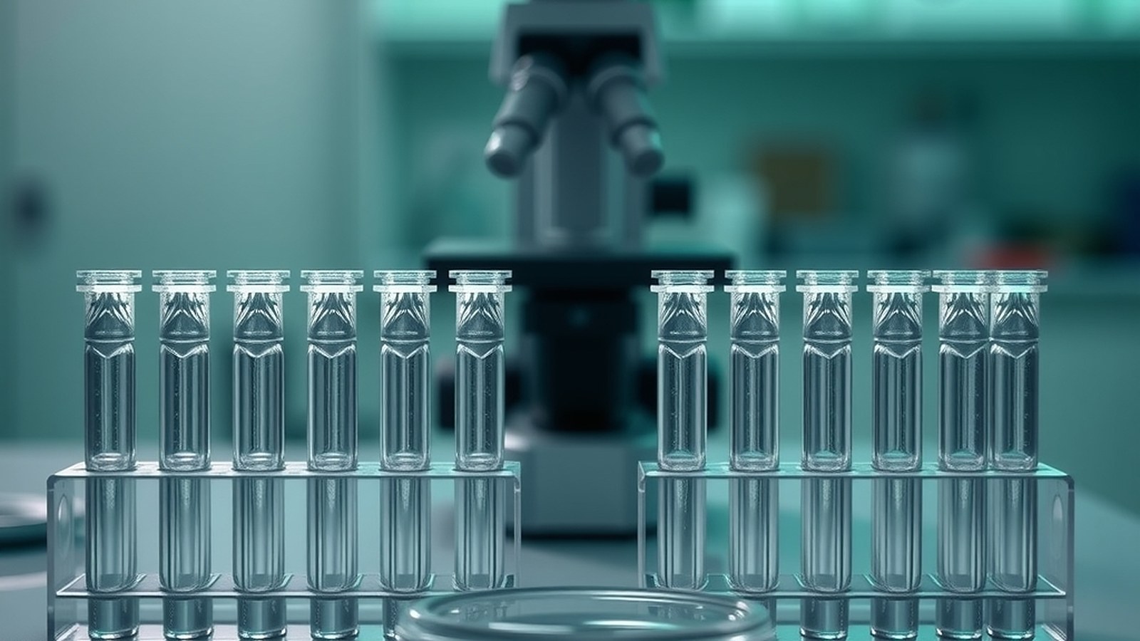 Illustration of glass test tubes in a rack in front of a microscope in a biotech lab