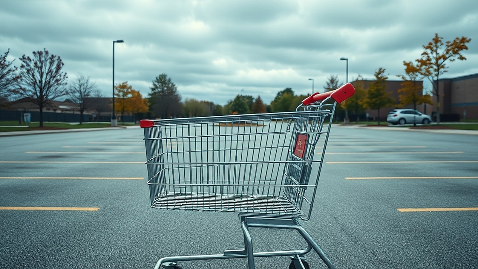 Illustration of an empty shopping cart in a parking lot under an overcast sky