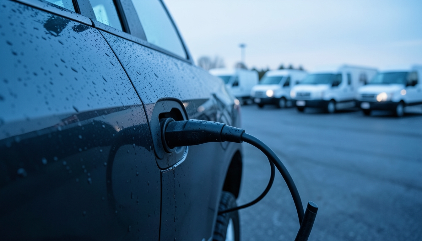 Illustration of an electric charging connector plugged into a pickup truck with work vans behind in a depot at dawn