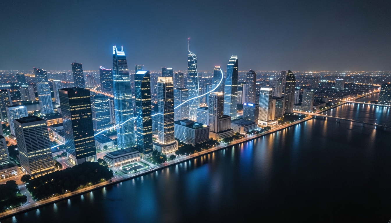 Illustration of an aerial night view of a financial district with streams of light flowing between towers