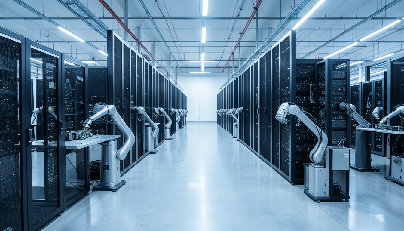 Illustration of server racks and robotic arms in a bright data center hardware plant