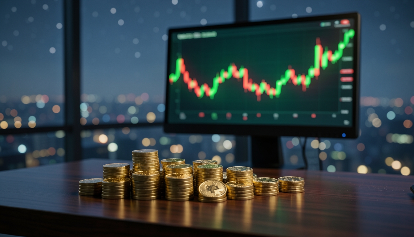 Illustration of stacked gold coins in front of a trading monitor with a candlestick chart