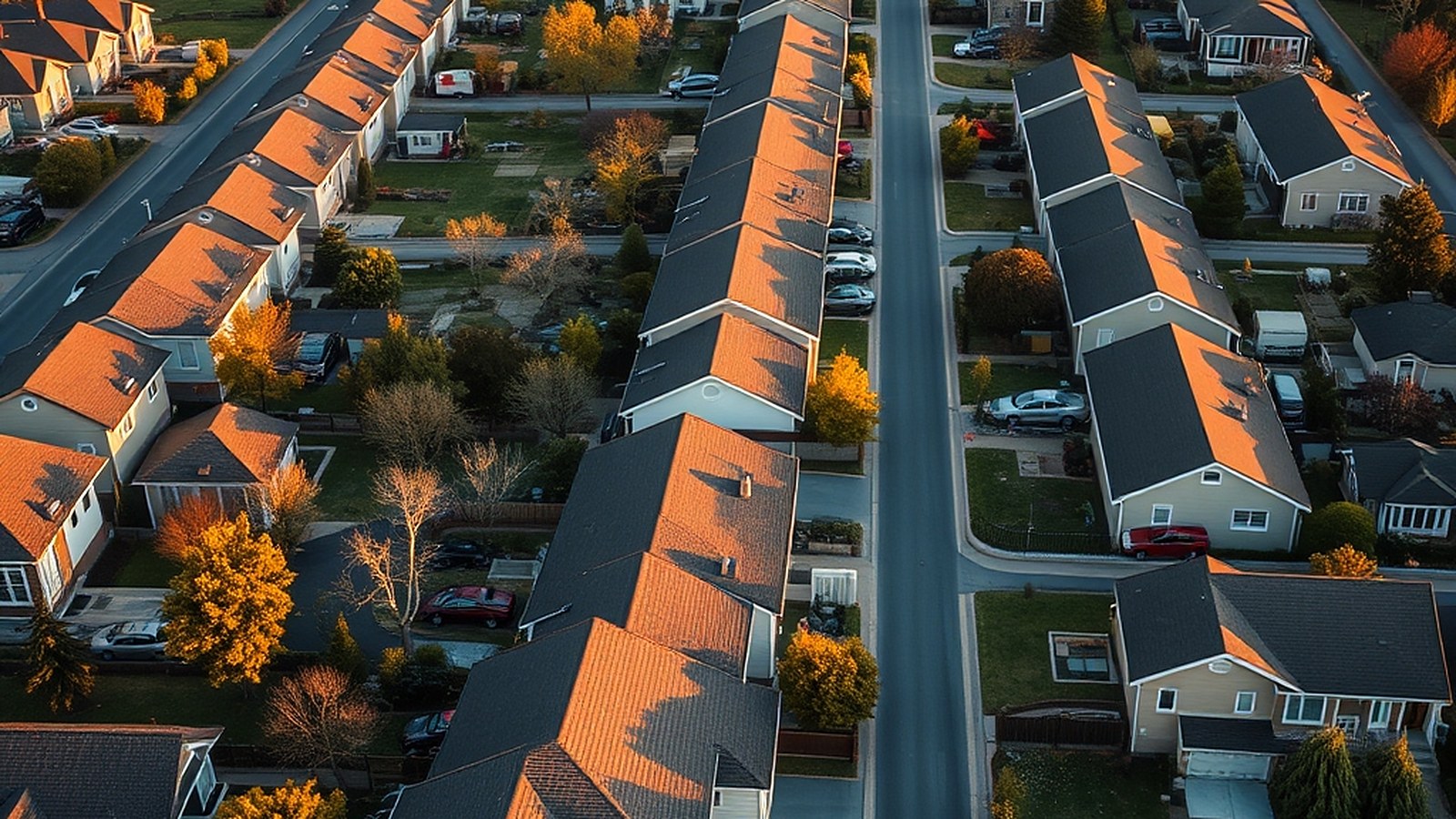 Illustration of rows of single-family houses seen from above in evening light