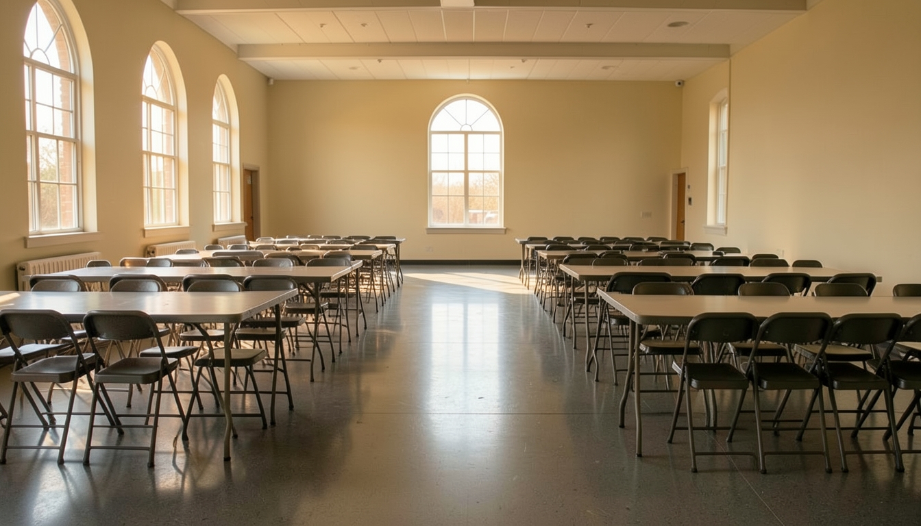 Illustration of an empty community hall with rows of folding tables and chairs in morning light