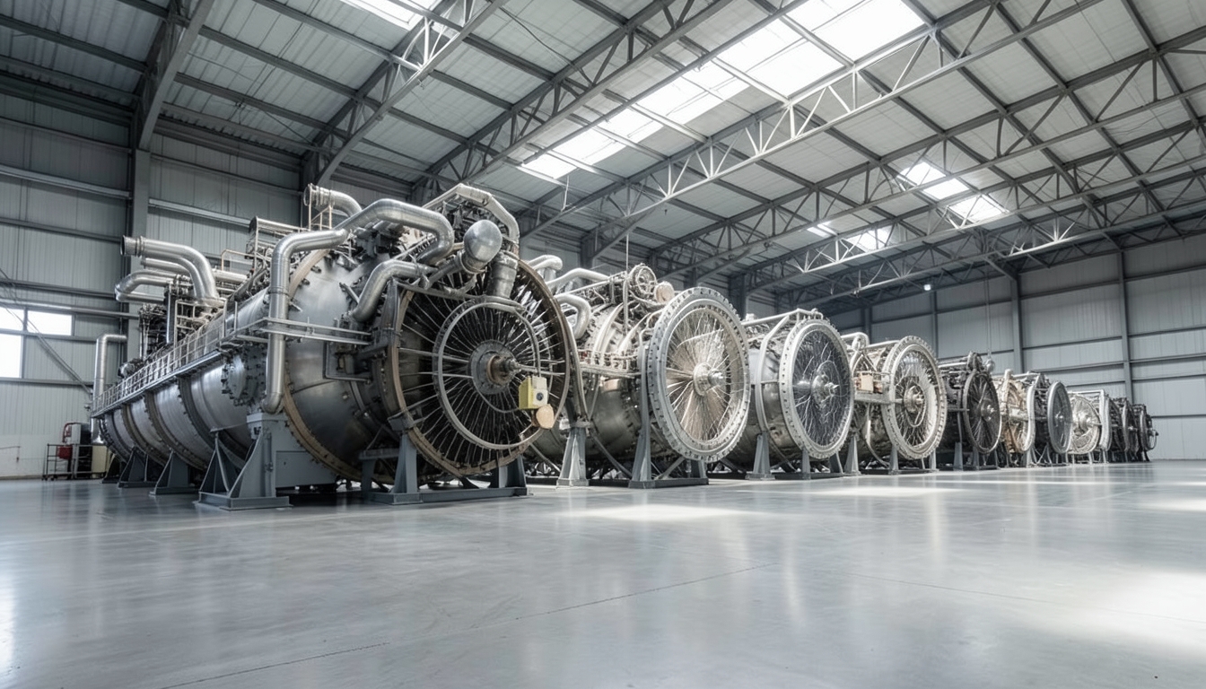 Illustration of large gas turbine units on a factory assembly floor