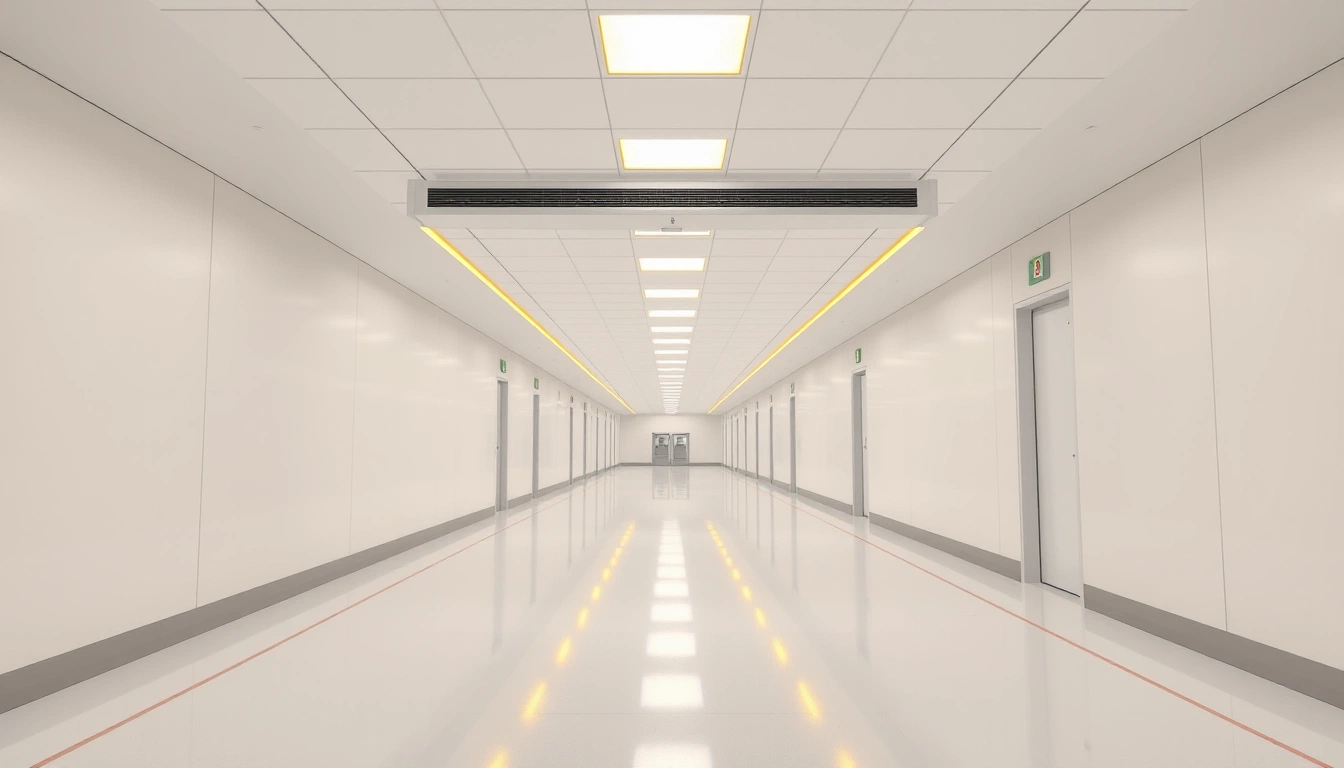 Illustration of a long empty white cleanroom-style corridor with amber ceiling lights