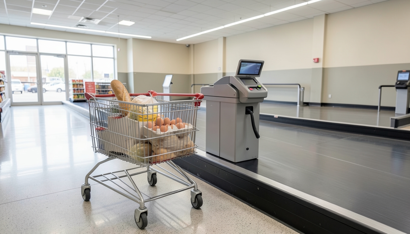 Illustration of a shopping cart with groceries at an empty supermarket checkout lane