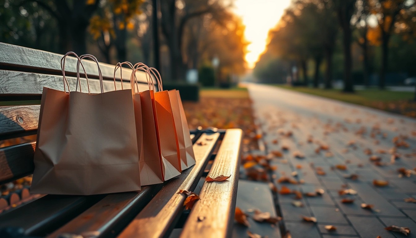 Illustration of full paper shopping bags on a wooden park bench at golden hour in autumn
