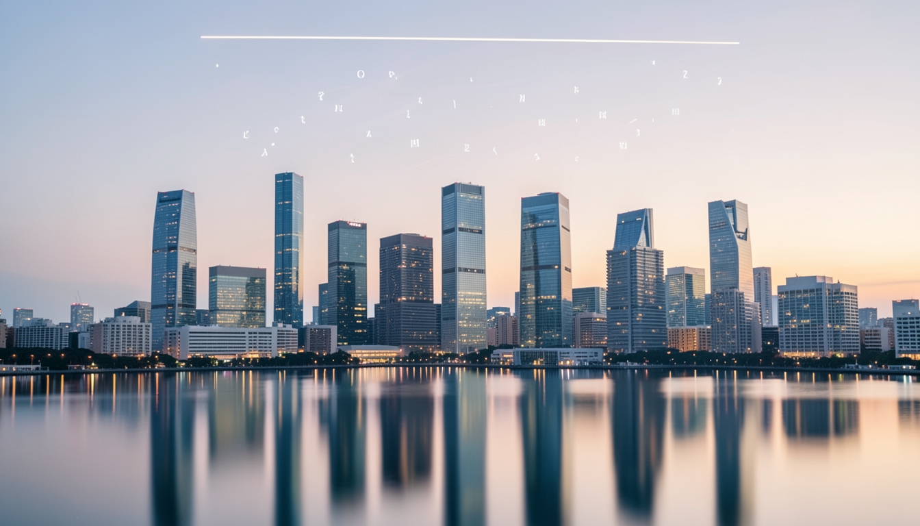 Illustration of a financial district skyline at dawn with a level line of light above the towers