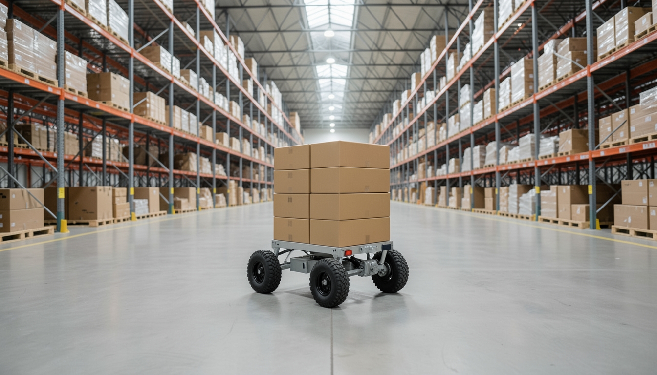 Illustration of a wheeled robot carrying cardboard boxes along a lane in a large fulfillment warehouse