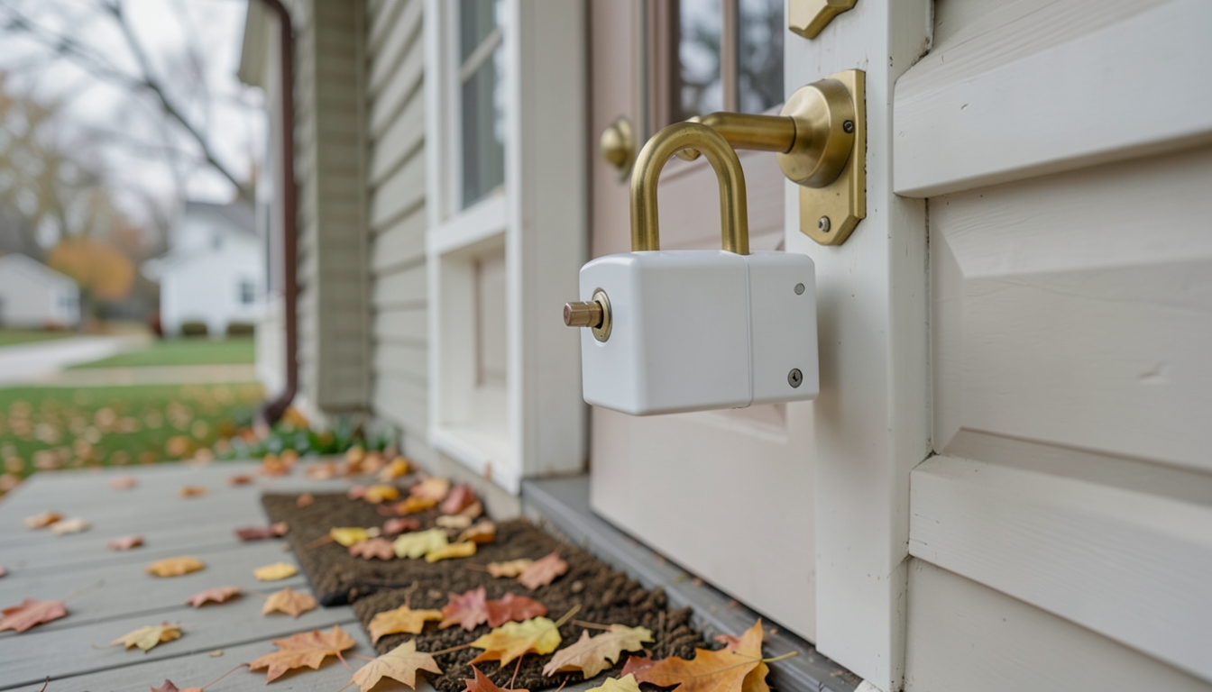 Illustration of a key lockbox on a front door handle with autumn leaves on the porch