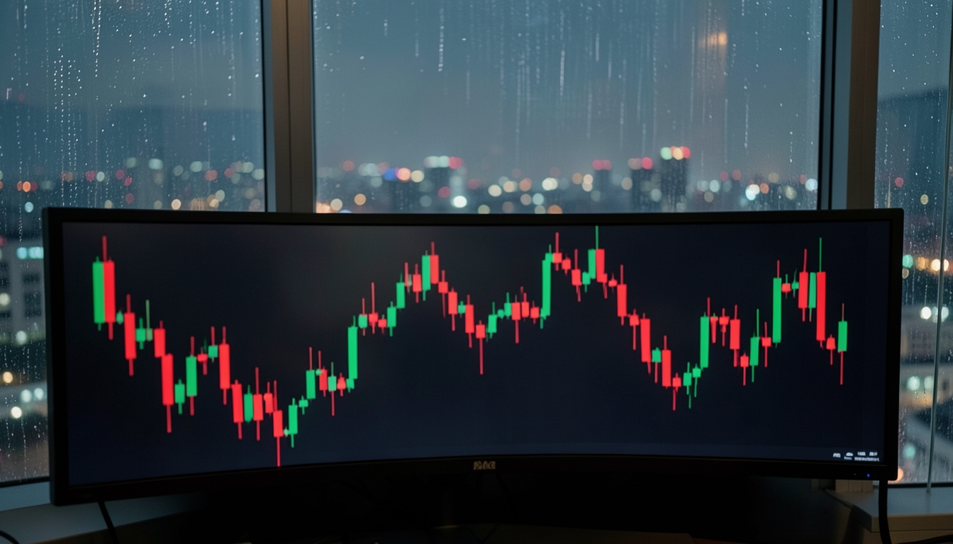 Illustration of a dark trading screen with mostly red candlesticks above a rainy night city