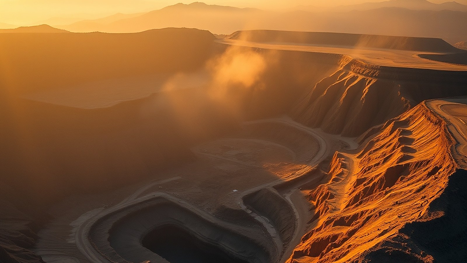 Illustration of a terraced open-pit mine at sunrise