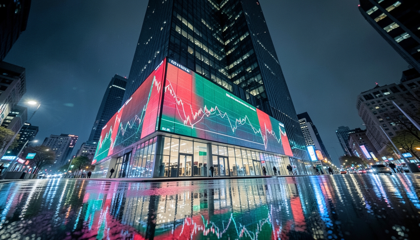 Illustration of a glass skyscraper at night reflecting a large LED market screen