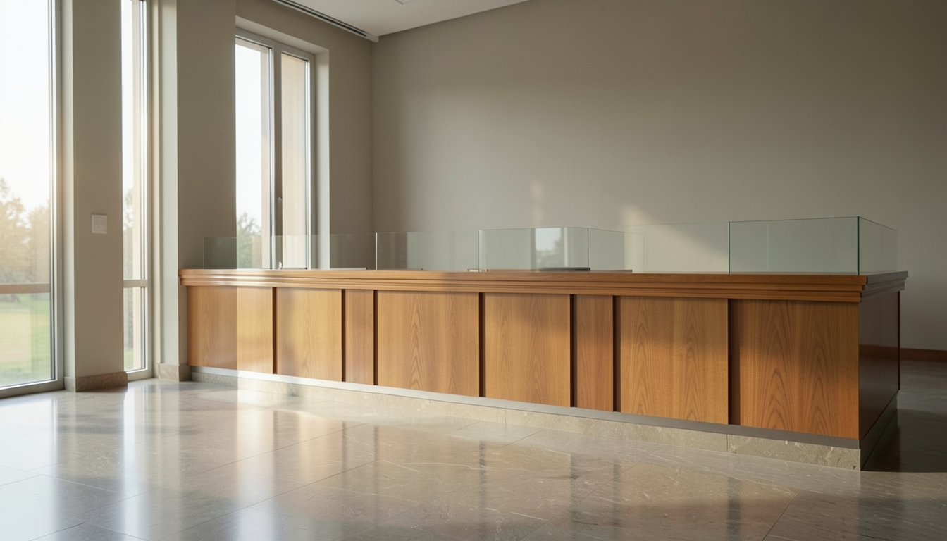 Illustration of an empty bank branch interior with a teller counter in morning light