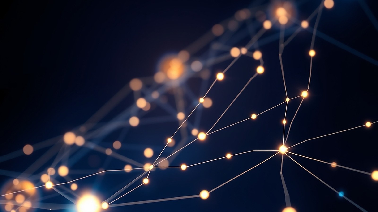 Illustration of a glowing network of connected points of light on a dark blue background