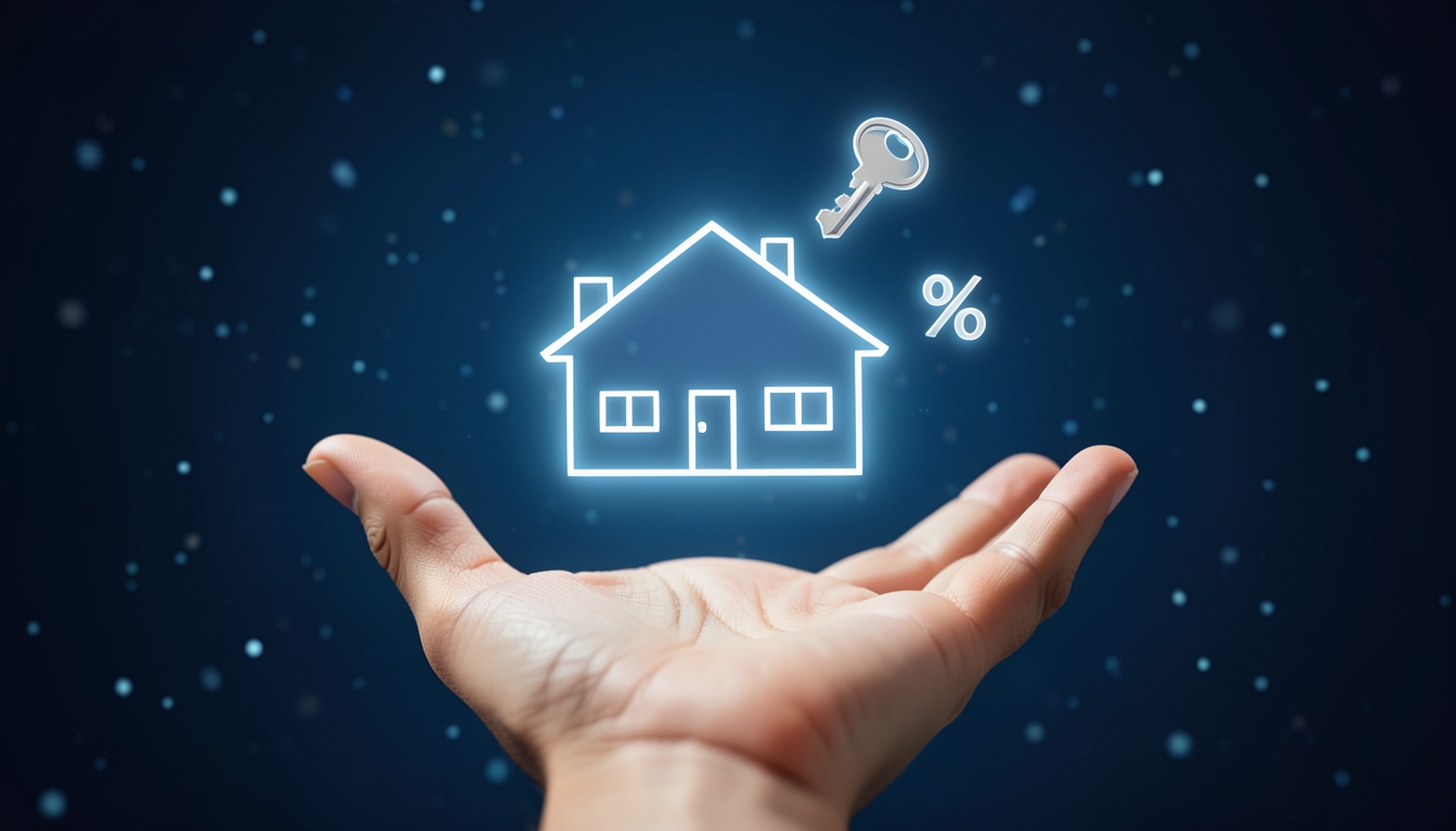 Illustration of an open palm holding glowing holographic house, percent and key icons against a dark blue background