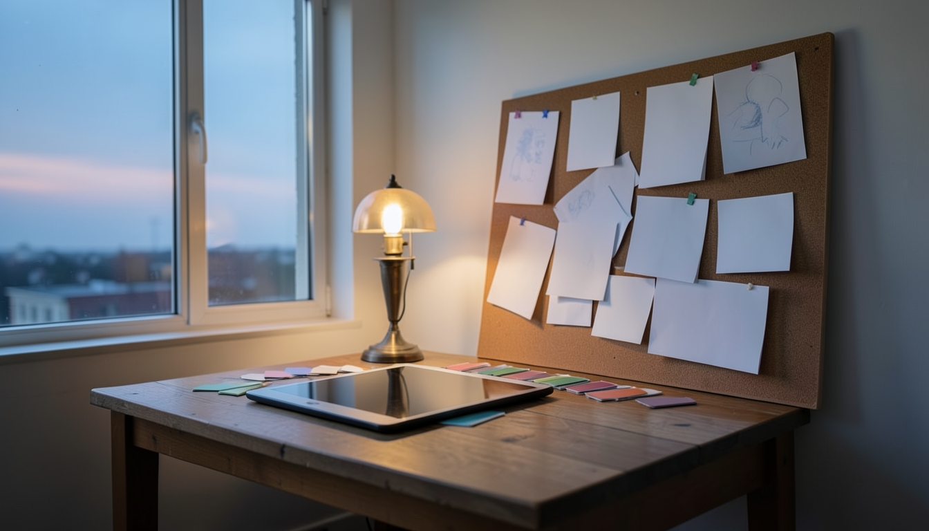 Illustration of a solo designer workspace with swatches and sketches by a window at dawn