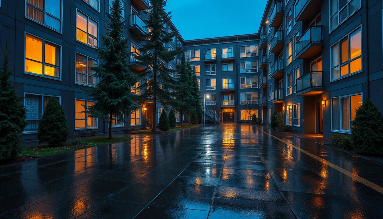 Illustration of a modern apartment complex courtyard at blue hour after rain, with lit windows and evergreen trees