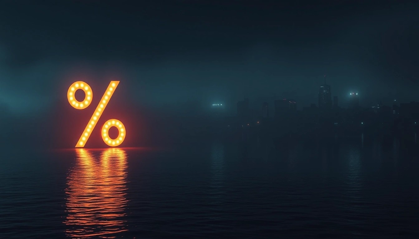 Illustration of a glowing percent sign above dark water at night with a distant skyline