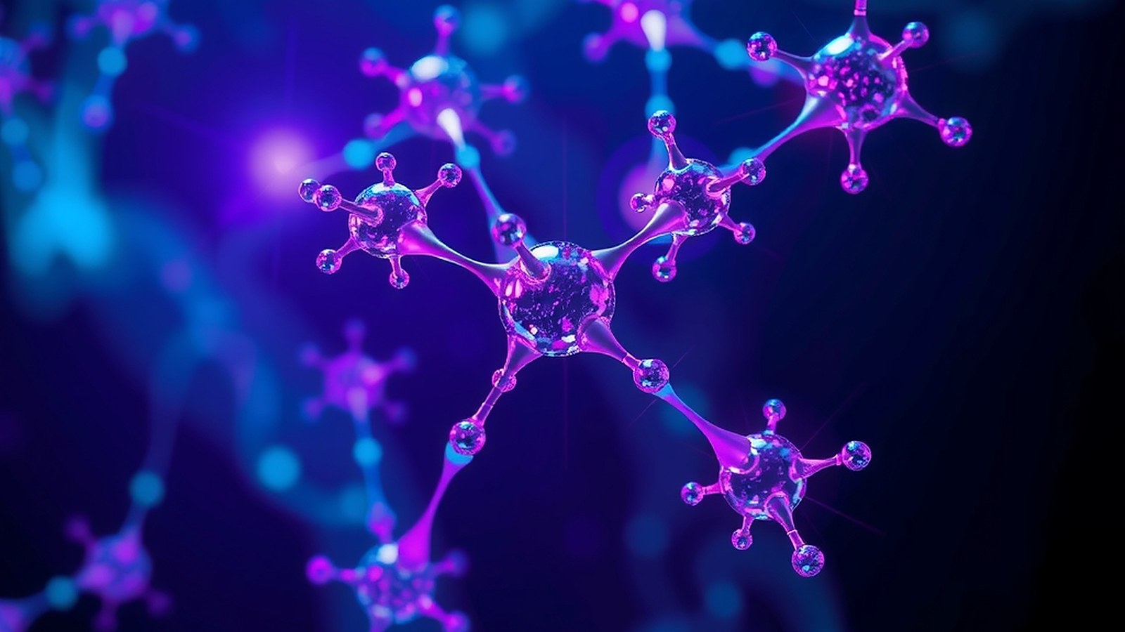 Illustration of a glowing network of molecules in violet and blue light