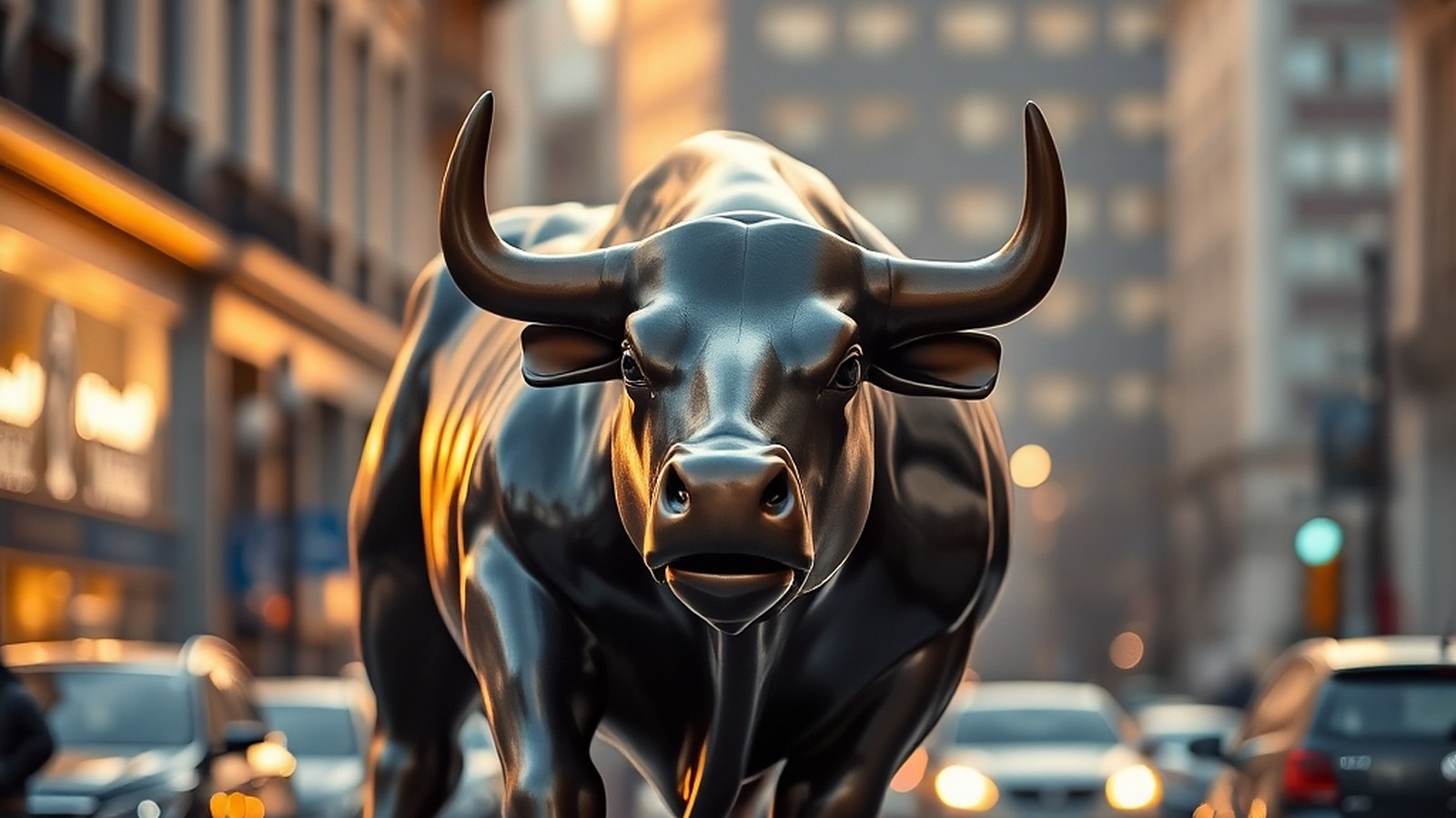 Illustration of a bronze bull sculpture on a city street at dawn