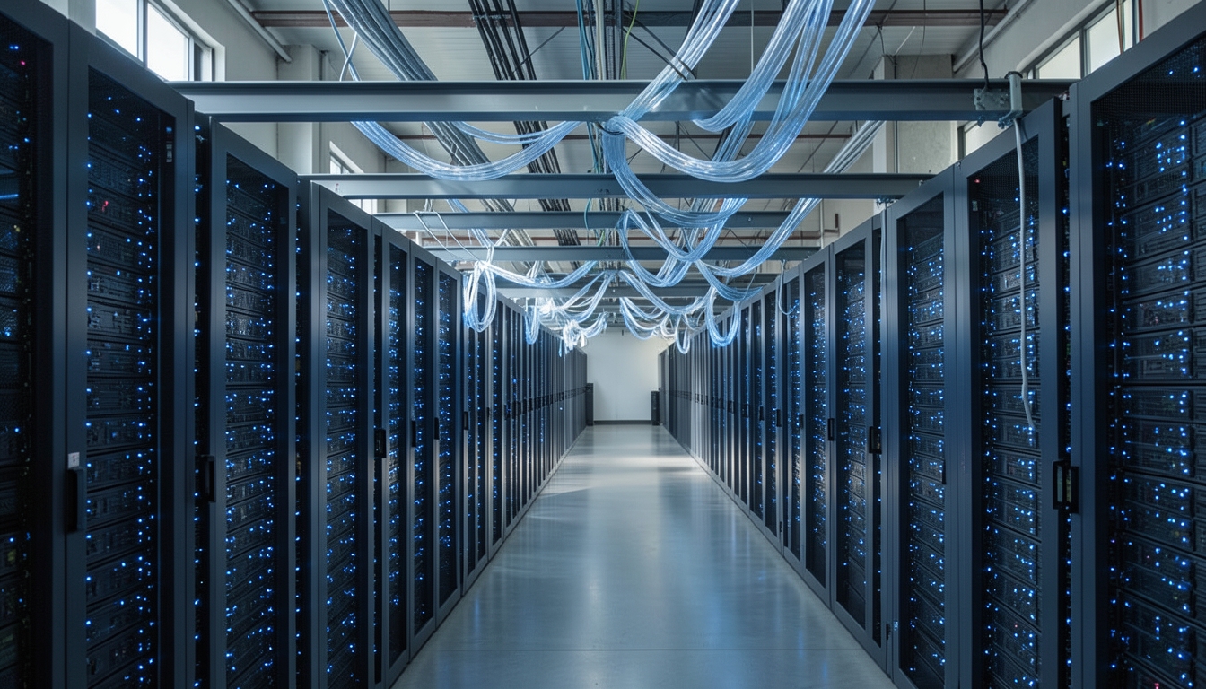 Illustration of server racks and optical fiber cables in a data center