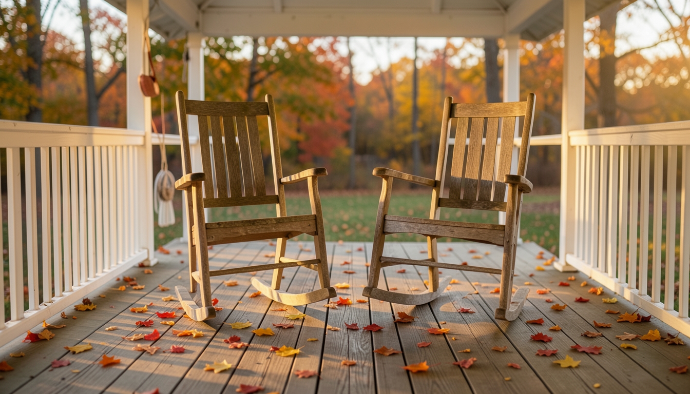 Illustration of two empty rocking chairs on a porch at golden hour