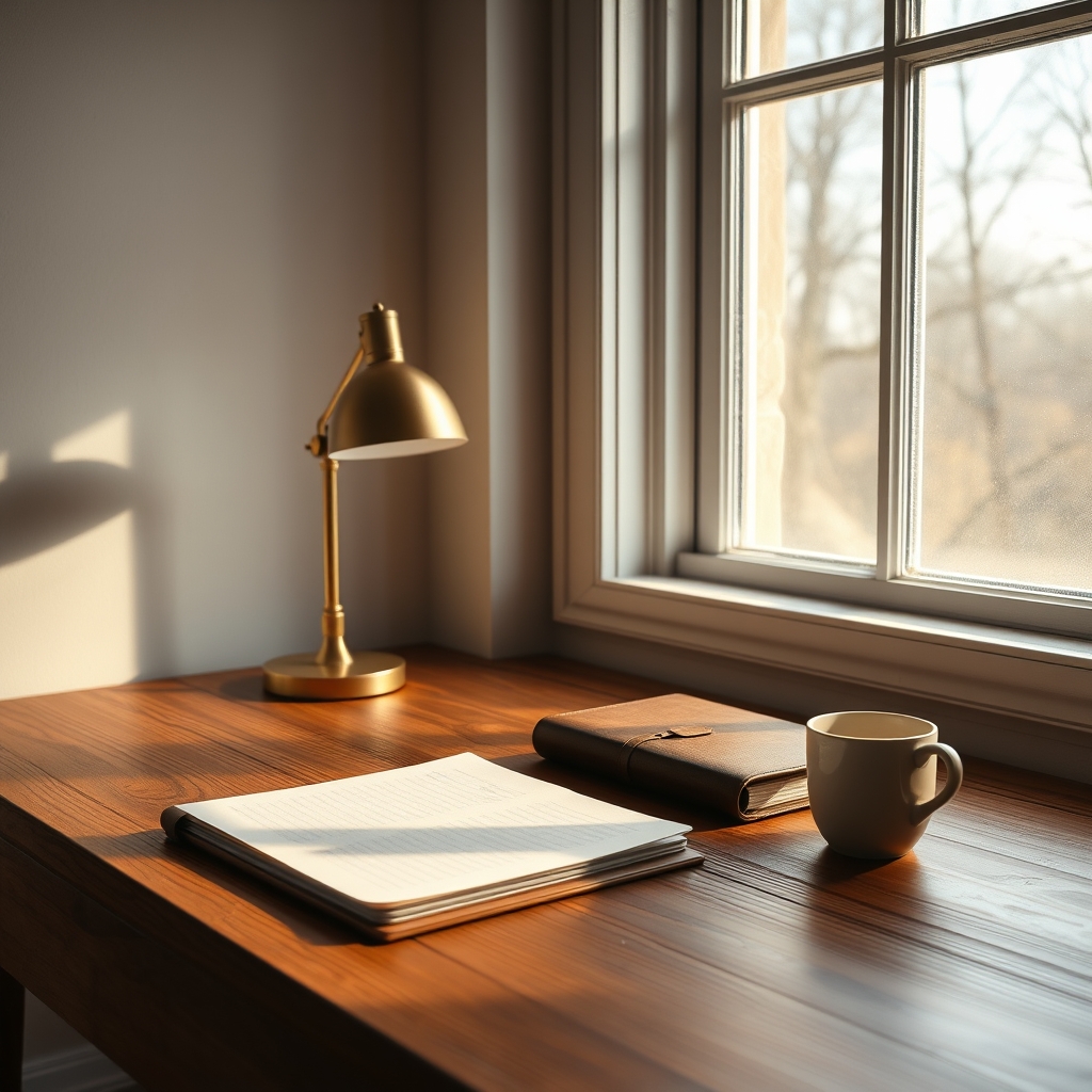 Illustration of a quiet wooden desk with a notebook, lamp and cup in morning light