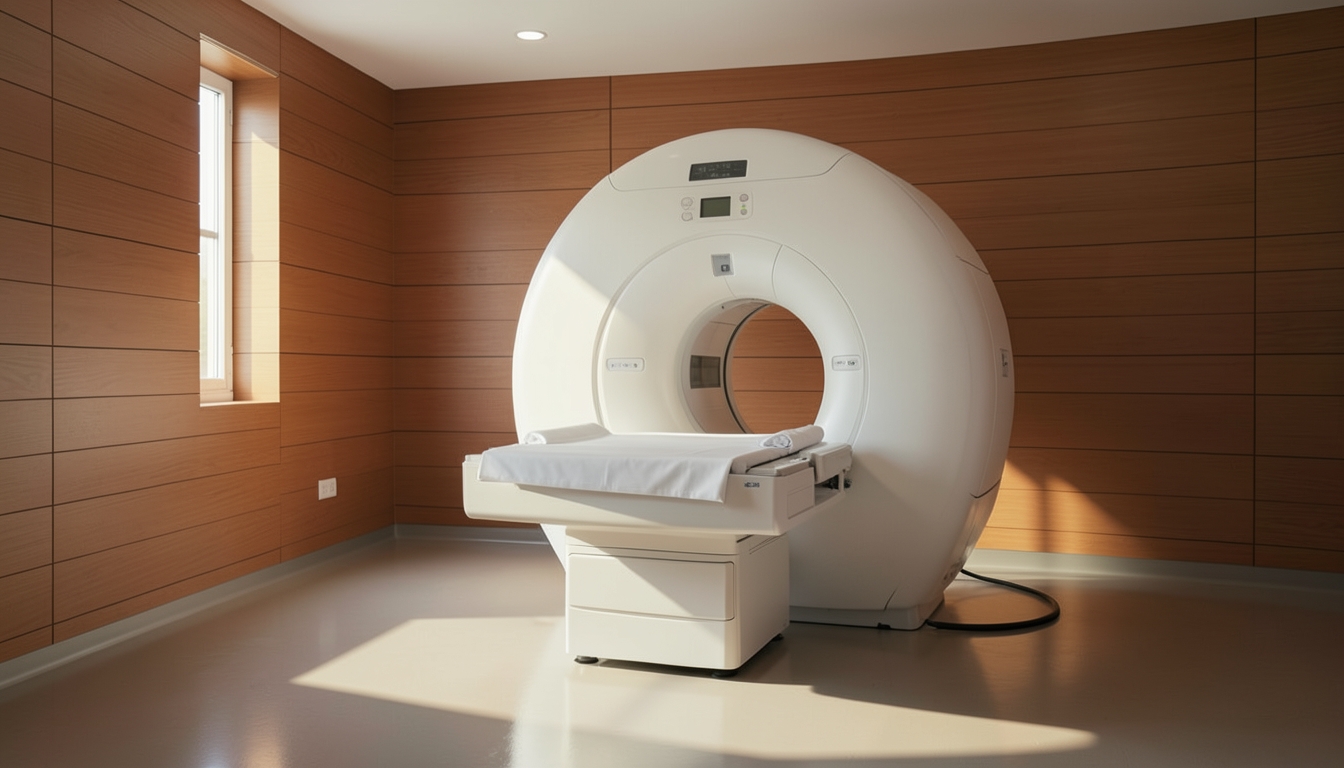 Illustration of an MRI scanner with its bed pulled out in an empty examination room in morning light