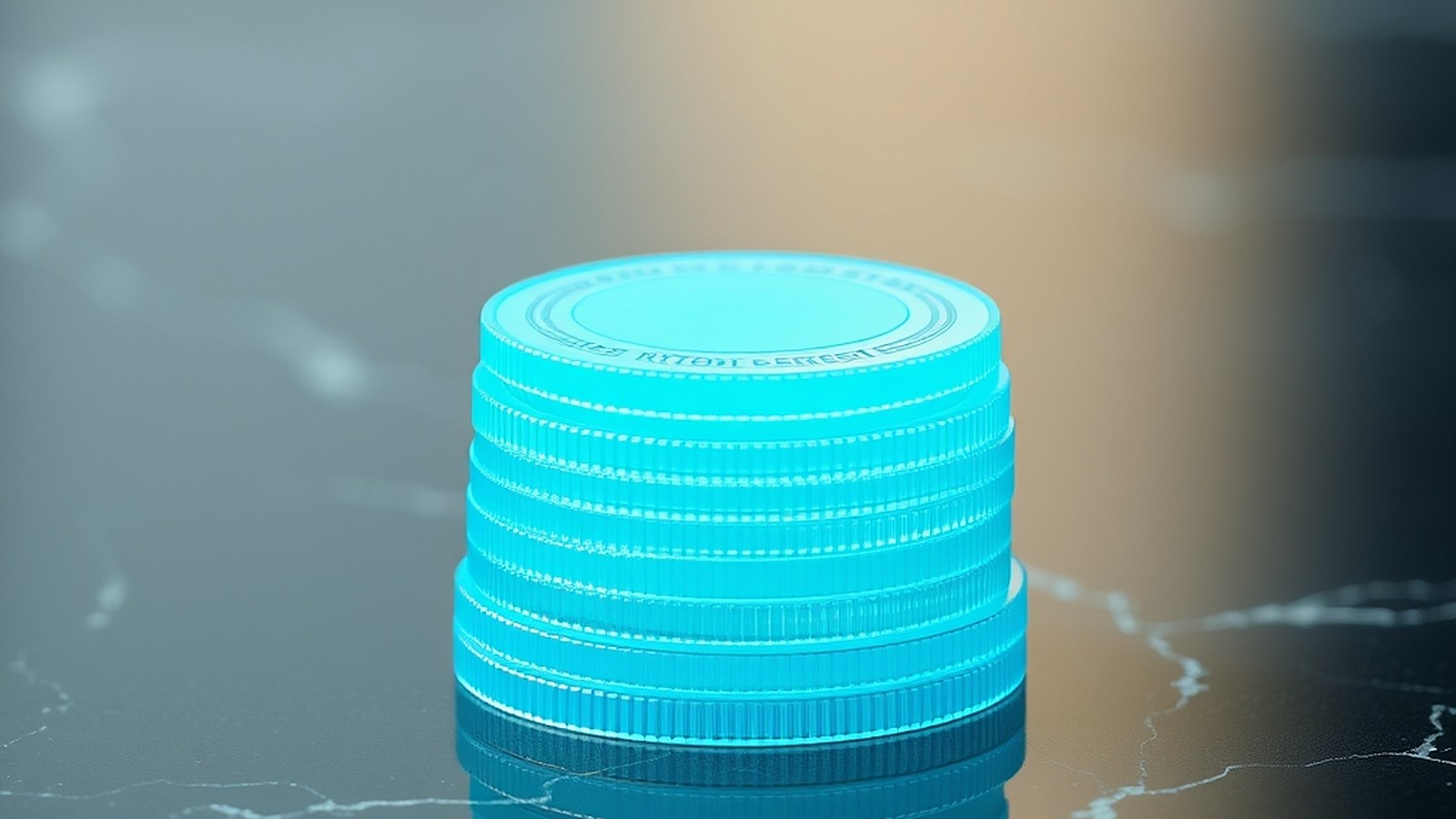 Illustration of a stack of glowing blue digital coins on dark marble