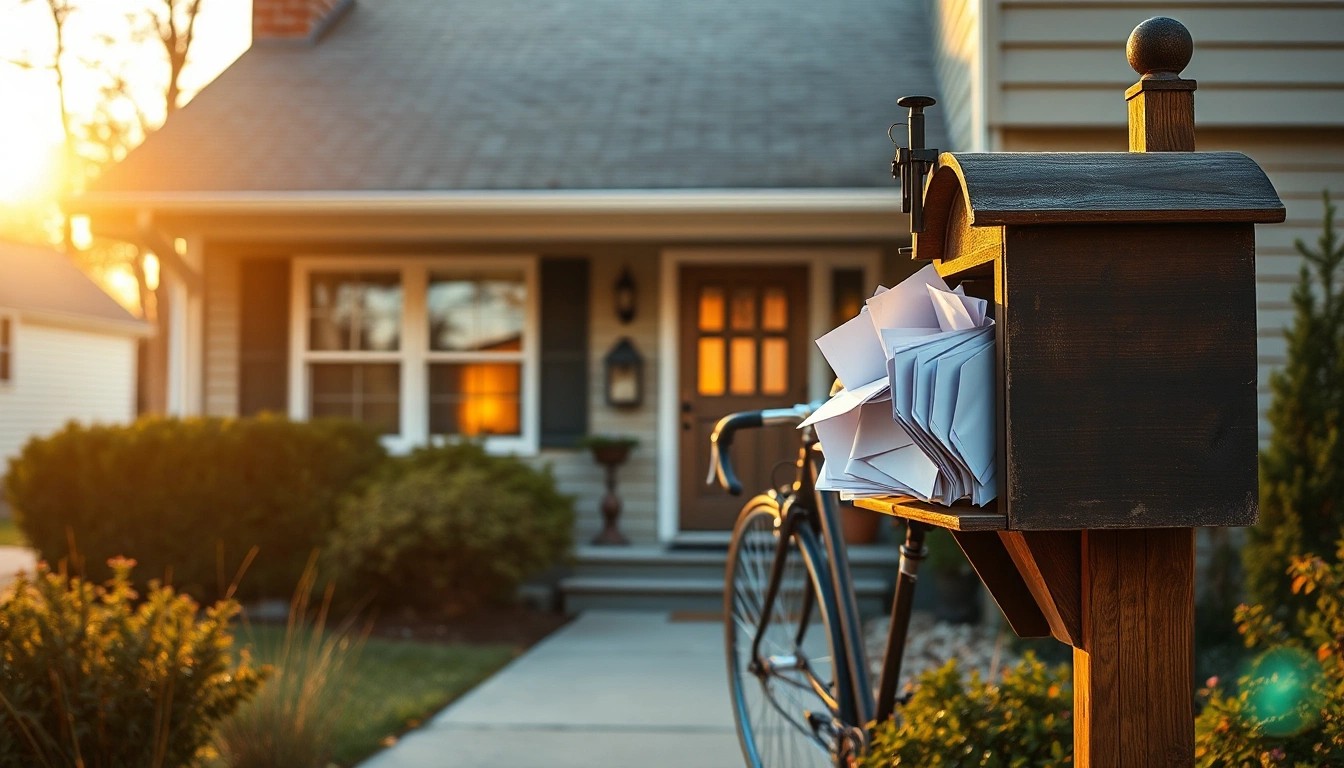 Illustration of a mailbox stuffed with envelopes in front of a family house at golden hour