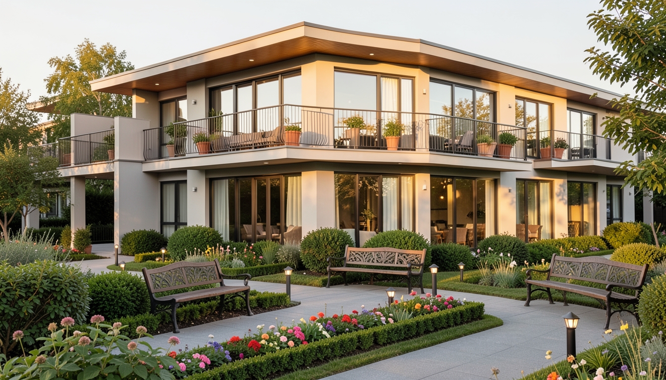 Illustration of a modern senior living building with balconies and a landscaped garden