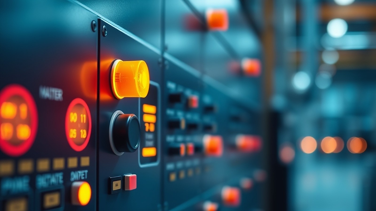 Illustration of an industrial control panel with glowing indicator lights in a factory