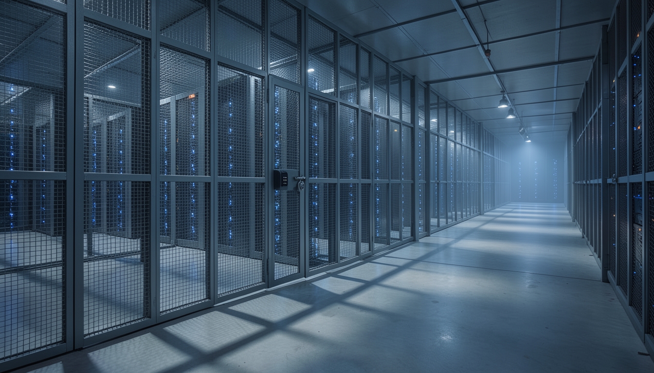 Illustration of a locked steel mesh cage around server racks in a data center