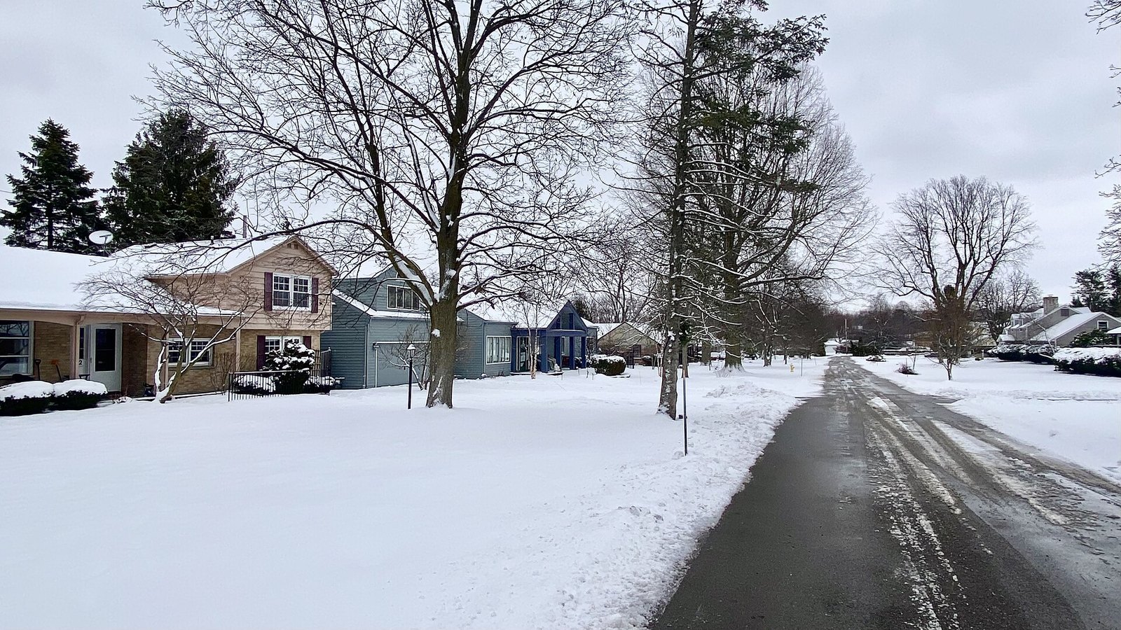 Single-family houses along a snow-covered street in a suburban neighborhood
