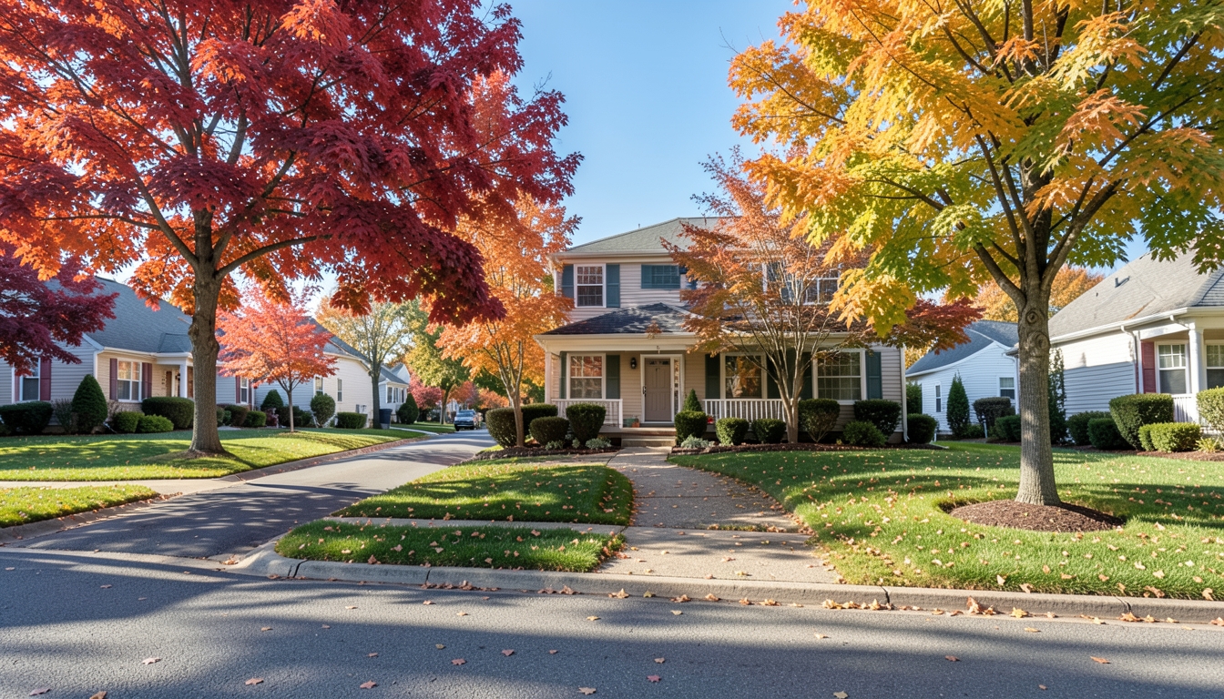 Illustration of a suburban street of family houses in autumn