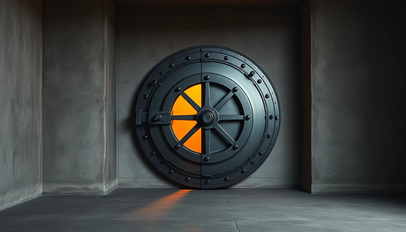 Illustration of a round steel vault door slightly open with orange light inside