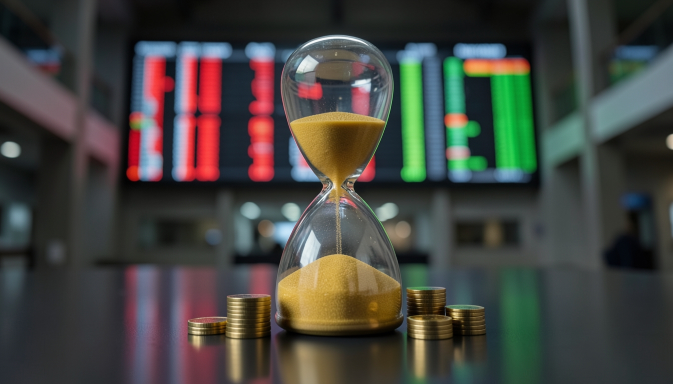 Illustration of an hourglass with golden sand on a dark surface in front of blurred market screens