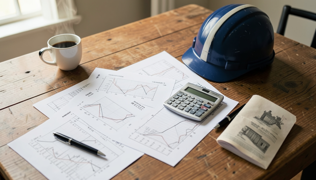 Illustration of printed factory output charts, a calculator and a hard hat on a wooden desk