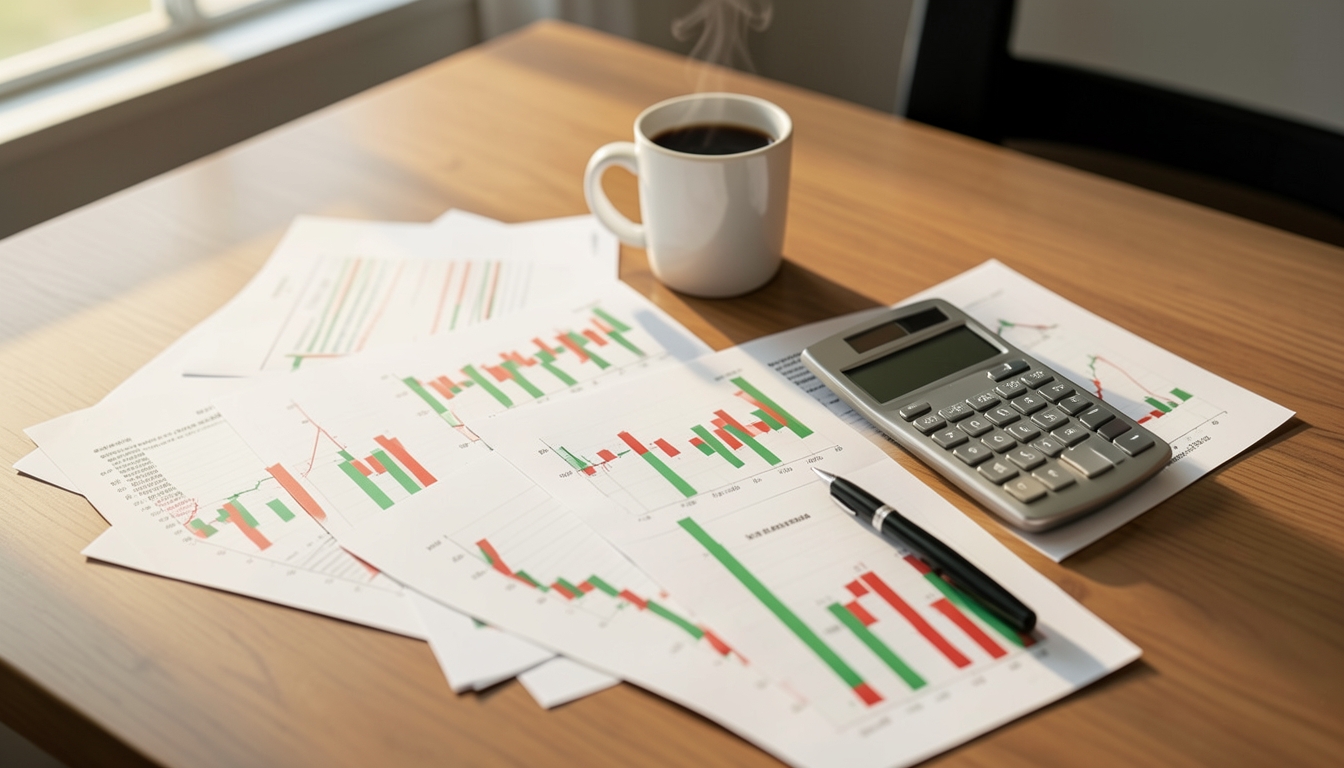 Illustration of a desk with printed charts, a calculator, a pen and a cup of coffee in morning light
