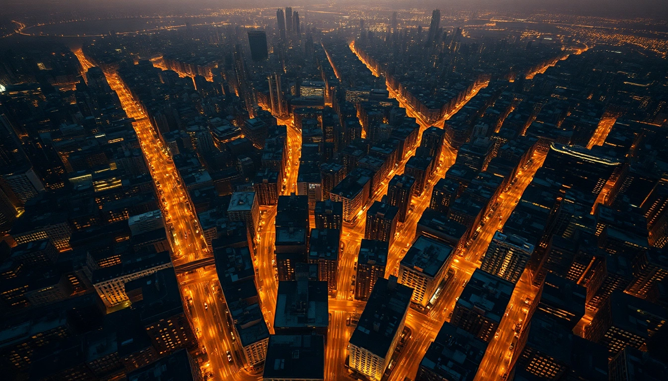 Illustration of an aerial night view of a dense city district with streams of golden light along the avenues