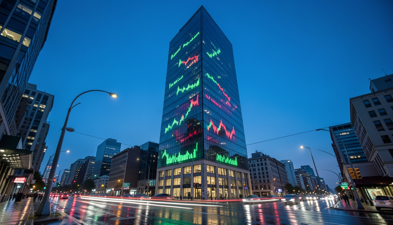 Illustration of a glass office tower at dusk reflecting a large LED wall of market figures