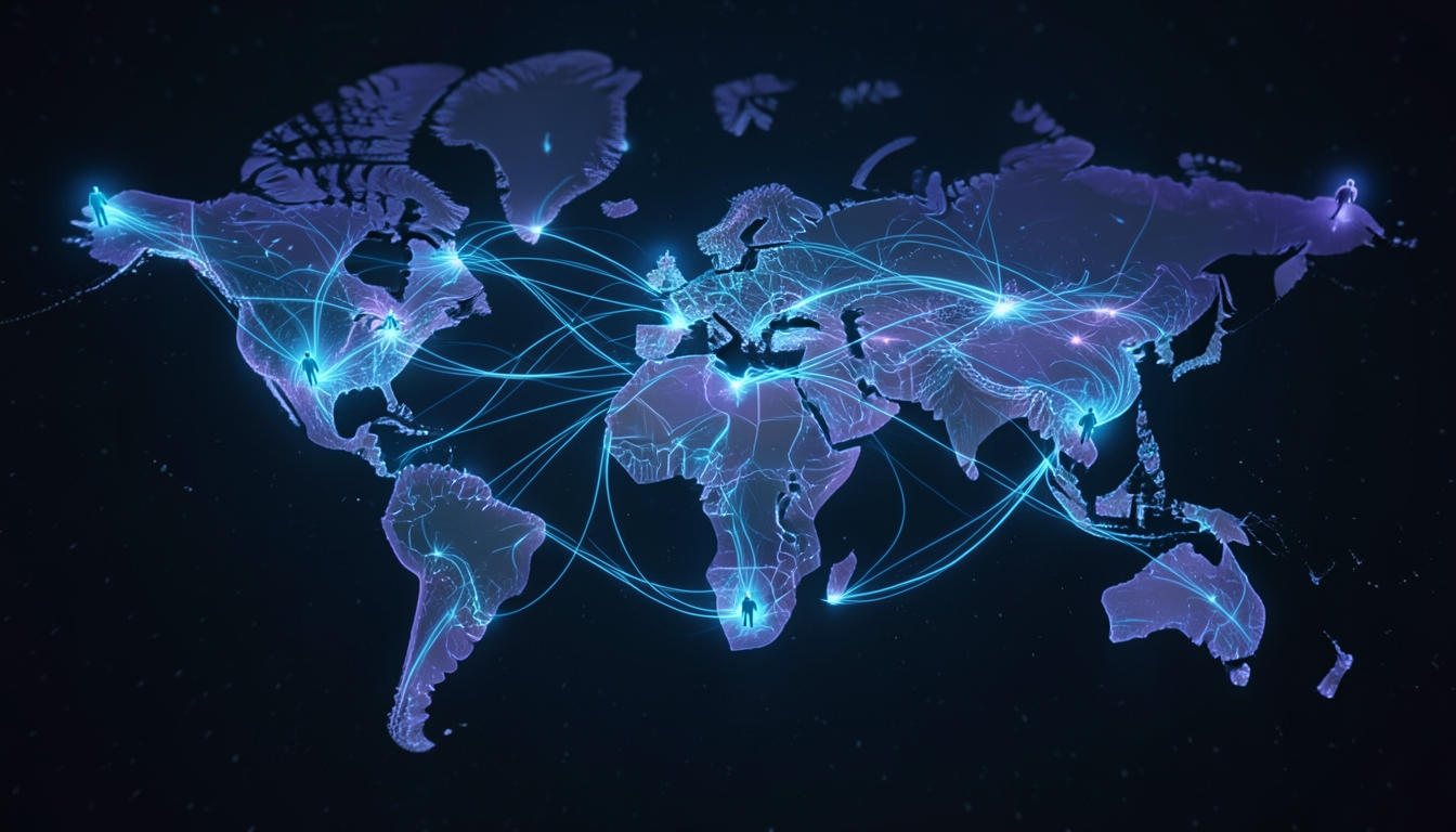 Illustration of a glowing world map with connected lines between financial centres
