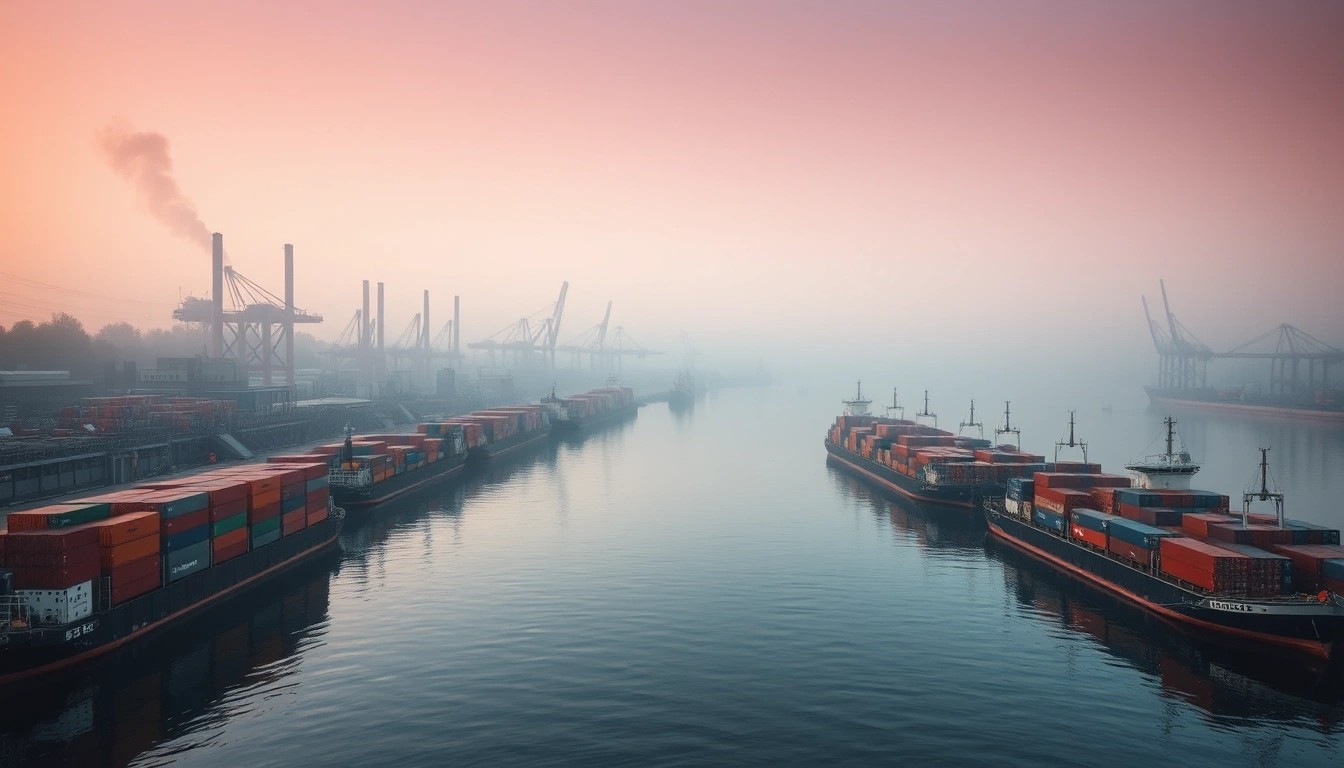 Illustration of a river port at dawn with container barges and factory chimneys in mist
