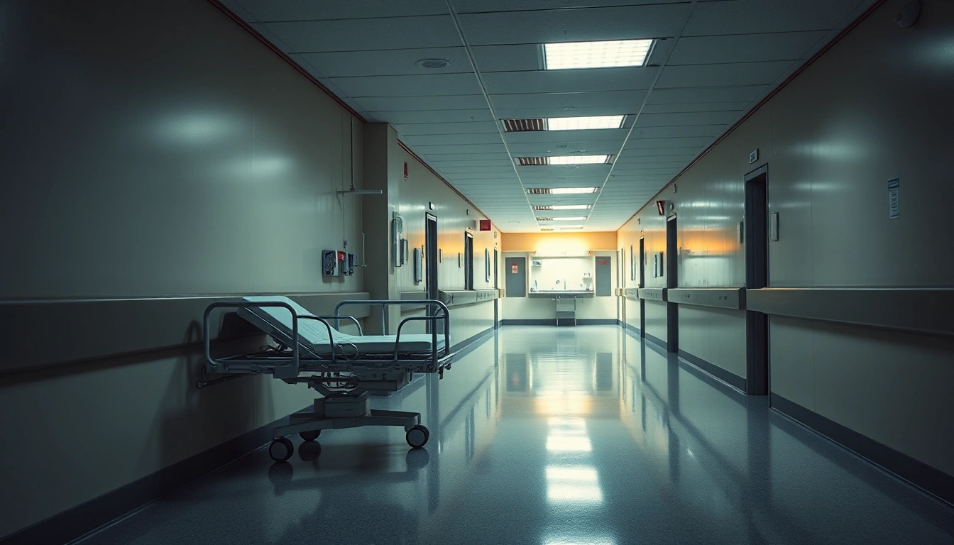 Illustration of an empty hospital emergency department corridor at night with a gurney against the wall
